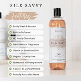 Bon Savvy Silk Savvy Laundry Liquid bottle and information card highlighting ingredients and fabric care instructions.