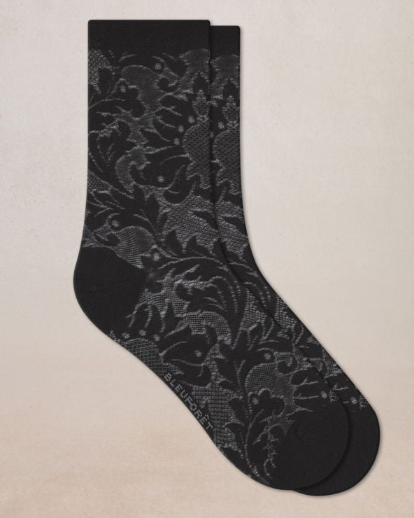 Silk Socks Baroque Lacey Print Black
