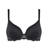 Simone Pérèle Caresse 3D Plunge Contour T-Shirt Bra in Black from The Foundation, featuring breathable spacer cups and lace back detail.