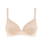 Flat lay of the Simone Perele Caresse 3D Plunge T-Shirt Bra in Peau Rose with scalloped lace trim.
