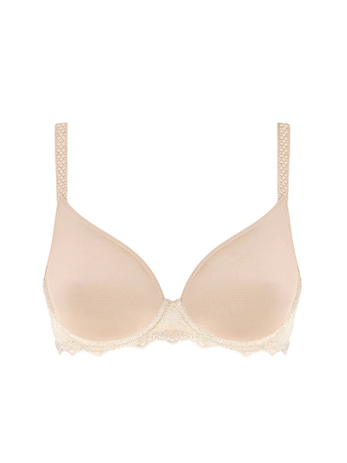 Flat lay of the Simone Perele Caresse 3D Plunge T-Shirt Bra in Peau Rose with scalloped lace trim.