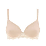 Flat lay of the Simone Perele Caresse 3D Plunge T-Shirt Bra in Peau Rose with scalloped lace trim.