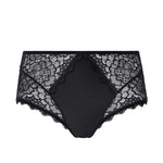 Flat lay of Simone Pérèle Caresse Culotte Brief in Black, showcasing elegant lace, soft waistband and cotton gusset lining.