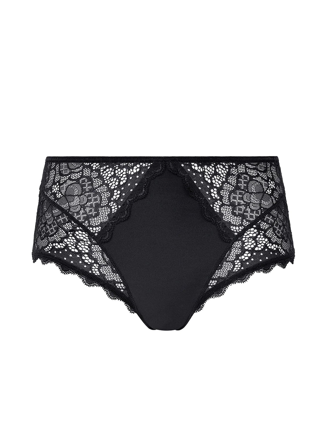 Flat lay of Simone Pérèle Caresse Culotte Brief in Black, showcasing elegant lace, soft waistband and cotton gusset lining.