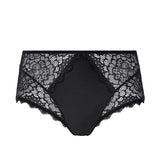 Flat lay of Simone Pérèle Caresse Culotte Brief in Black, showcasing elegant lace, soft waistband and cotton gusset lining.