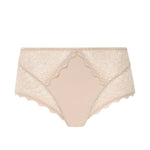 Flat lay of Simone Pérèle Caresse high-waisted brief in Peau Rose, highlighting floral lace and cotton-lined gusset.