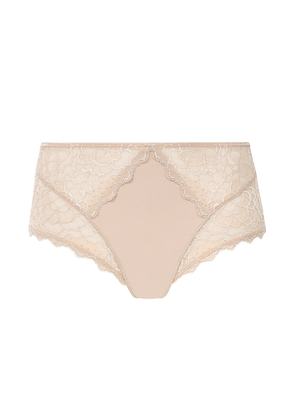 Flat lay of Simone Pérèle Caresse high-waisted brief in Peau Rose, highlighting floral lace and cotton-lined gusset.