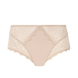 Flat lay of Simone Pérèle Caresse high-waisted brief in Peau Rose, highlighting floral lace and cotton-lined gusset.
