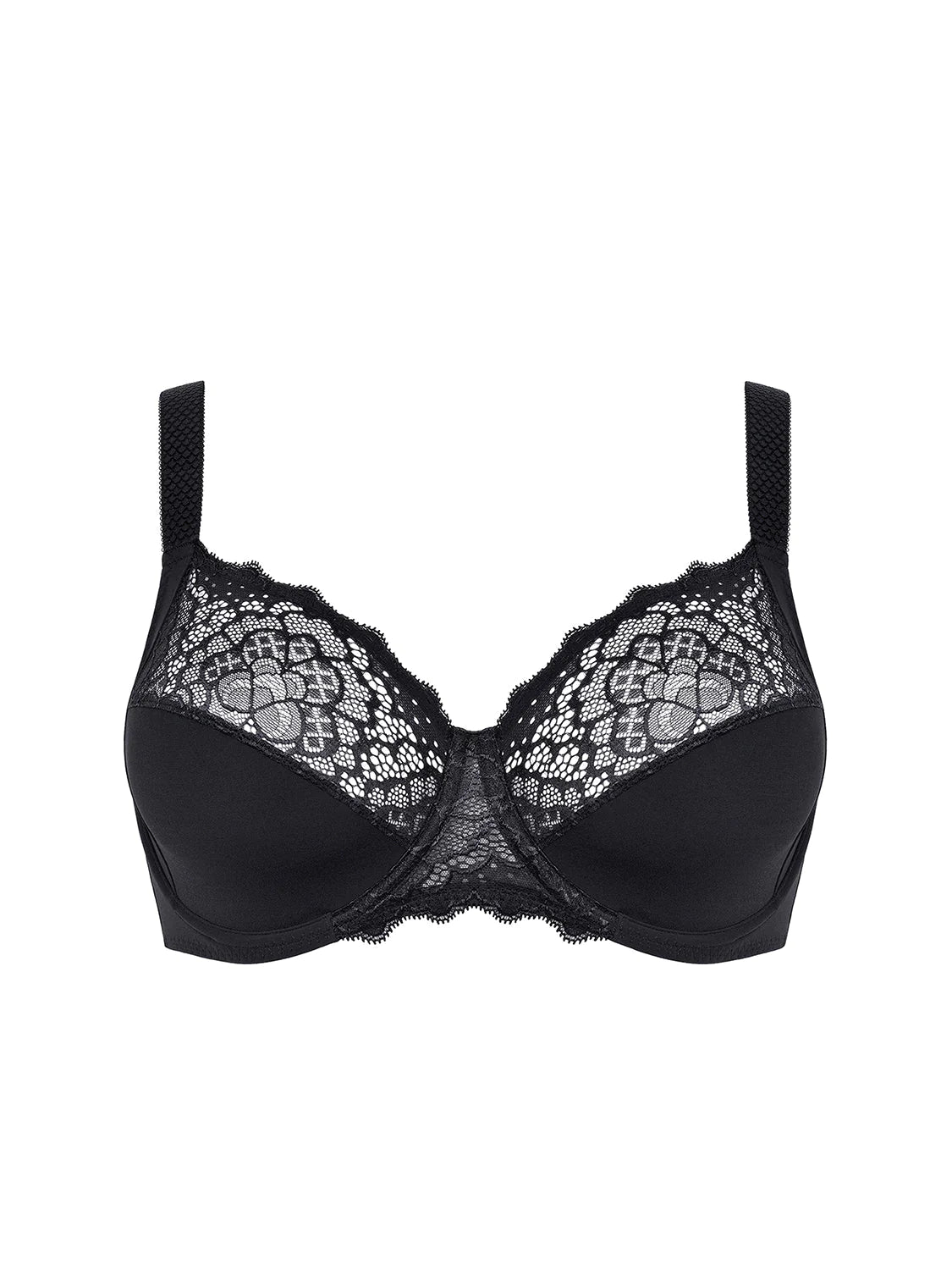 Simone Pérèle Caresse Full Cup Bra in Black from The Foundation, featuring 3-part supportive cups, lace finish, and cotton lining.