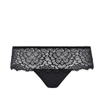 Flat lay of Simone Pérèle Caresse Shorty Brief in Black, highlighting soft floral lace and sleek mid-rise shape.