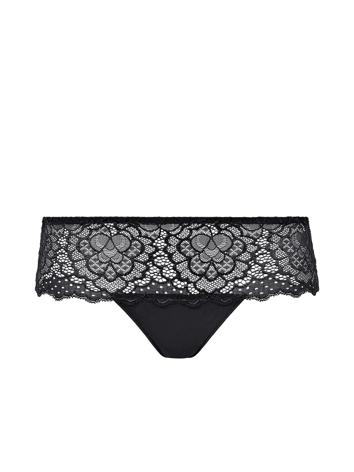 Flat lay of Simone Pérèle Caresse Shorty Brief in Black, highlighting soft floral lace and sleek mid-rise shape.