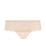 Flat lay of Simone Pérèle Caresse Shorty Brief in Peau Rose, featuring delicate lace pattern and stretch microfibre finish.