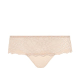 Flat lay of Simone Pérèle Caresse Shorty Brief in Peau Rose, featuring delicate lace pattern and stretch microfibre finish.