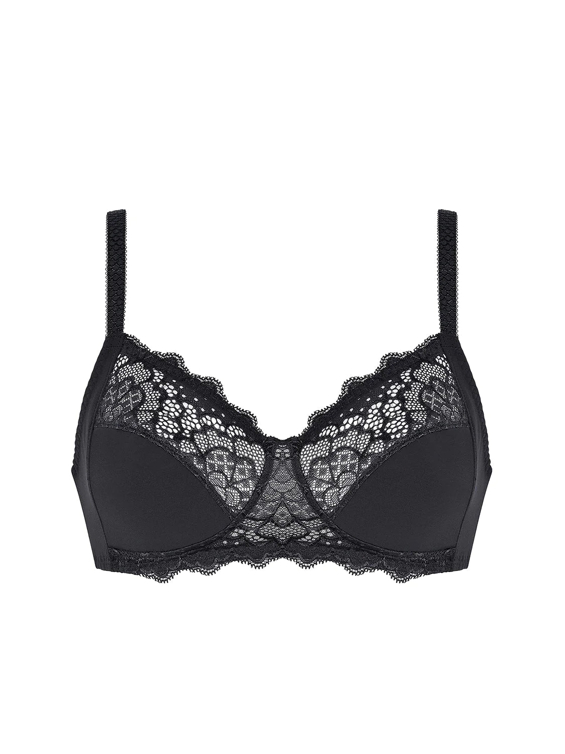 Flat lay of Simone Perele Caresse black soft cup bra—The Foundation