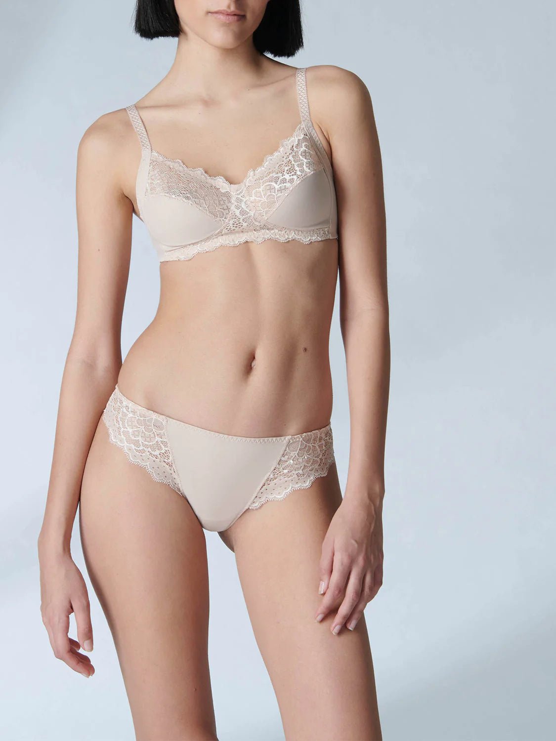 Front view of the wireless Caresse bra in blush tone—The Foundation