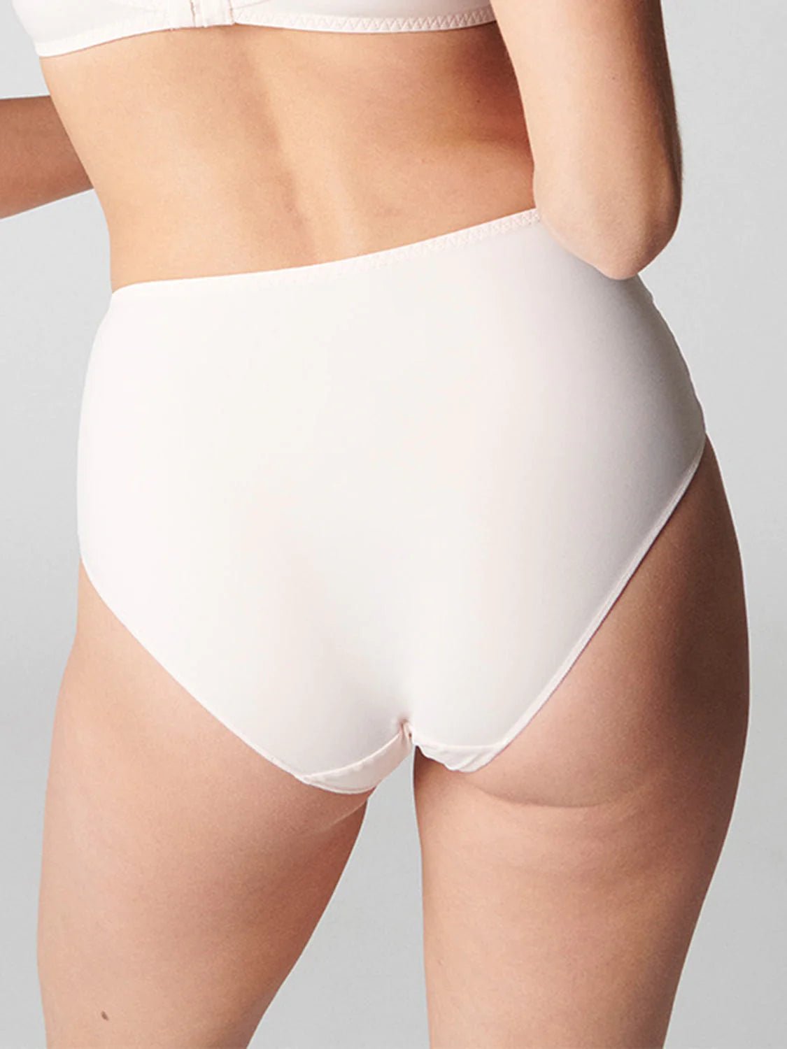 Back view of Simone Perele Delice Brief in blush showing full bottom coverage and tulle detail.
