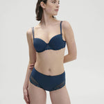 Delice Culotte Brief Prestige Blue shown on model with matching bra for timeless lingerie sets. Full body