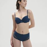 Delice Culotte Brief Prestige Blue shown on model with matching bra for timeless lingerie sets. Full body