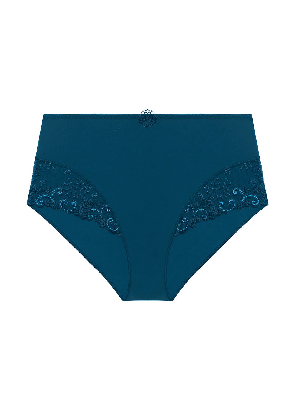 Prestige Blue Delice Full Brief by Simone Perele, high waist, Guipure lace, and sculpted silhouette. Flat lay