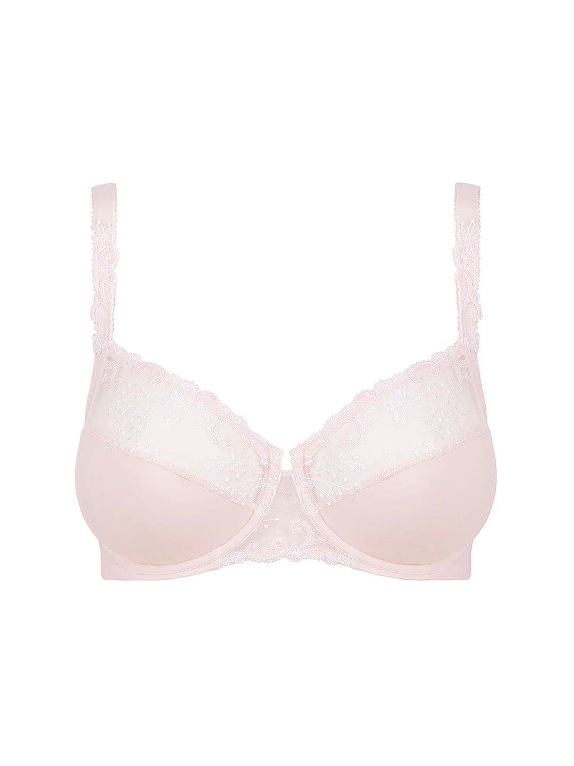 Flat lay of Delice Control Full Cup Bra blush tone highlighting Guipure embroidered cups and underwire fit.