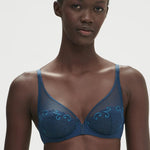 Front view of Simone Perele Delice Full Cup Plunge Bra in Prestige Blue with embroidered cups and a flattering plunge neckline.