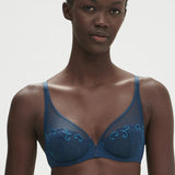 Front view of Simone Perele Delice Full Cup Plunge Bra in Prestige Blue with embroidered cups and a flattering plunge neckline.