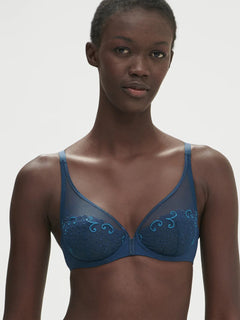 Front view of Simone Perele Delice Full Cup Plunge Bra in Prestige Blue with embroidered cups and a flattering plunge neckline.
