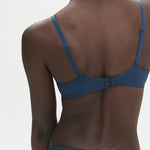 Back view of the Delice Full Cup Plunge Bra in Prestige Blue showing U-shaped ballet back and fully adjustable wide straps.