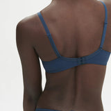 Back view of the Delice Full Cup Plunge Bra in Prestige Blue showing U-shaped ballet back and fully adjustable wide straps.