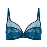 Flat lay of Simone Perele Delice Full Cup Plunge Bra in Prestige Blue with sheer embroidered tulle and underwire support.