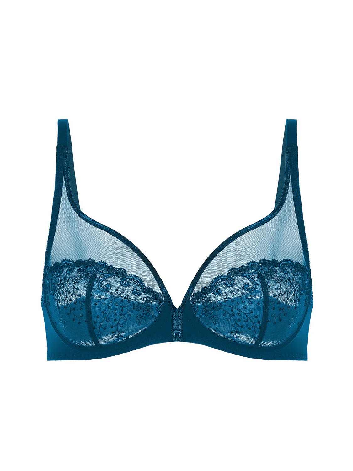 Flat lay of Simone Perele Delice Full Cup Plunge Bra in Prestige Blue with sheer embroidered tulle and underwire support.