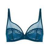 Flat lay of Simone Perele Delice Full Cup Plunge Bra in Prestige Blue with sheer embroidered tulle and underwire support.