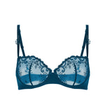 Flat lay of Delice Half Cup Bra in Prestige Blue, guipure floral details and balconette shape.