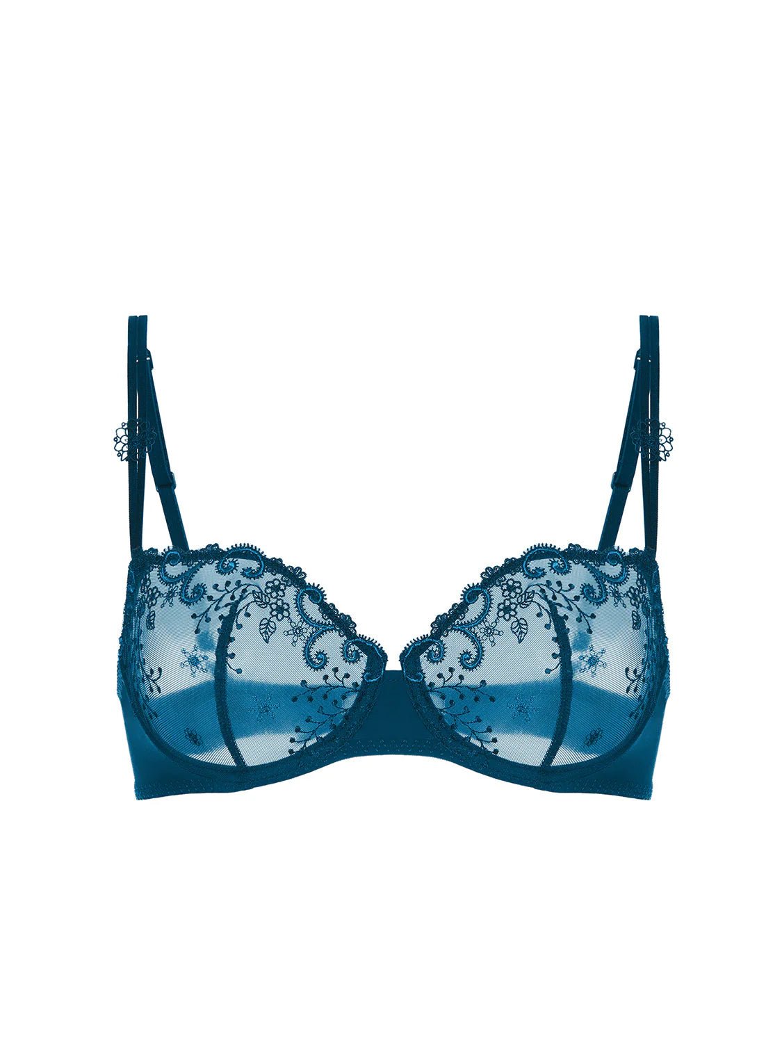 Flat lay of Delice Half Cup Bra in Prestige Blue, guipure floral details and balconette shape.