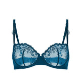Flat lay of Delice Half Cup Bra in Prestige Blue, guipure floral details and balconette shape.