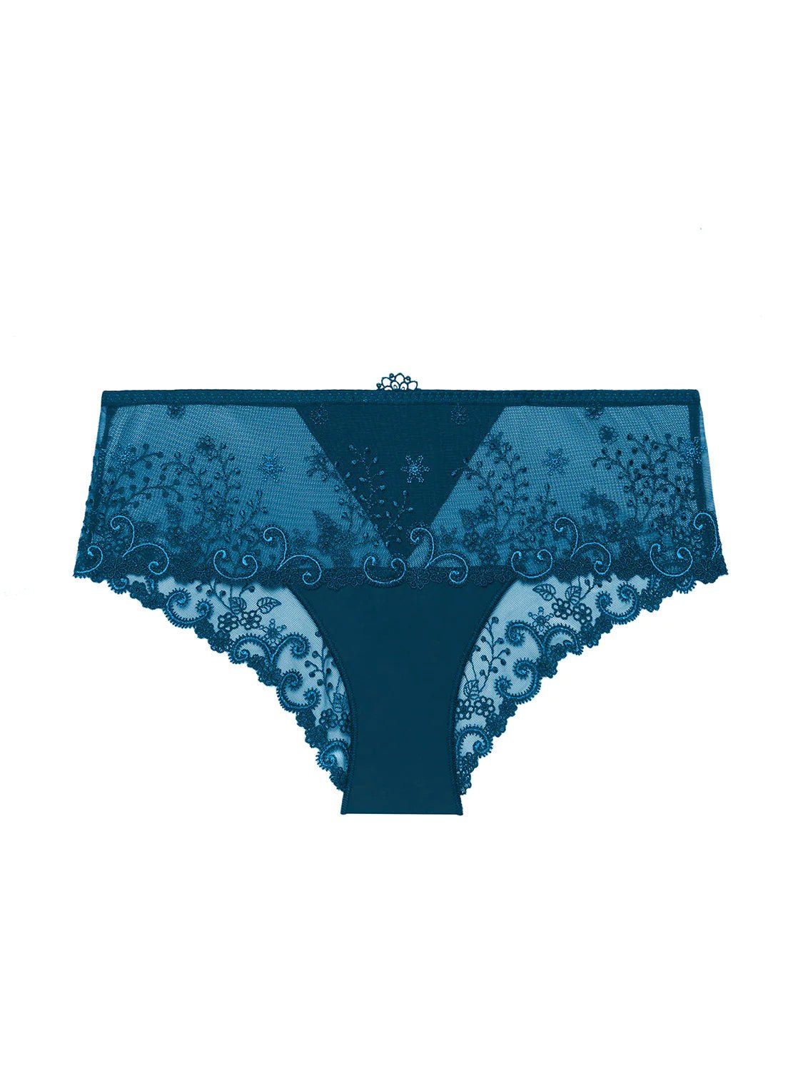 Flat lay of Simone Perele Delice Shorty Brief Prestige Blue – low-rise lace underwear with cotton lining.