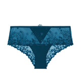 Flat lay of Simone Perele Delice Shorty Brief Prestige Blue – low-rise lace underwear with cotton lining.