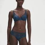 Simone Perele lingerie set featuring Delice Shorty Brief in Prestige Blue – mid-rise brief styled with coordinating bra.
