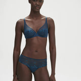 Simone Perele lingerie set featuring Delice Shorty Brief in Prestige Blue – mid-rise brief styled with coordinating bra.