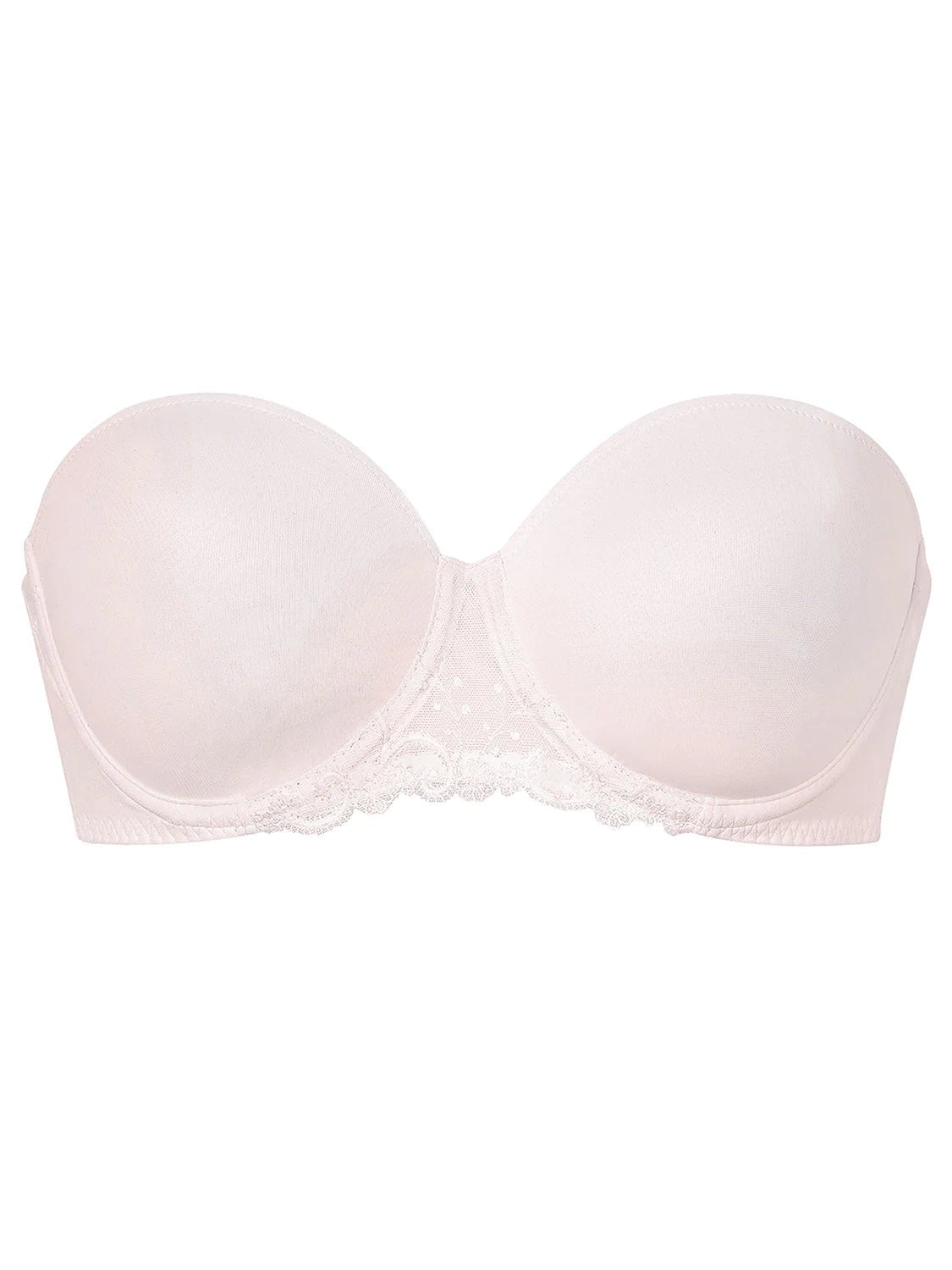 Product flat lay of Simone Perele Delice Strapless Bra – blush seamless strapless bra with silicone lined band