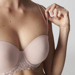 Front view of Simone Perele Delice Strapless Bra in Blush from The Foundation – microfibre finish with seamless cups and tulle embroidery