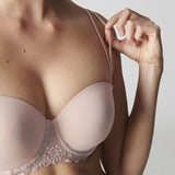 Front view of Simone Perele Delice Strapless Bra in Blush from The Foundation – microfibre finish with seamless cups and tulle embroidery