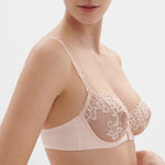 Side view of Saga Half Cup Bra by Simone Perele in Pink Nude, delicate lacework and sheer tulle from The Foundation.