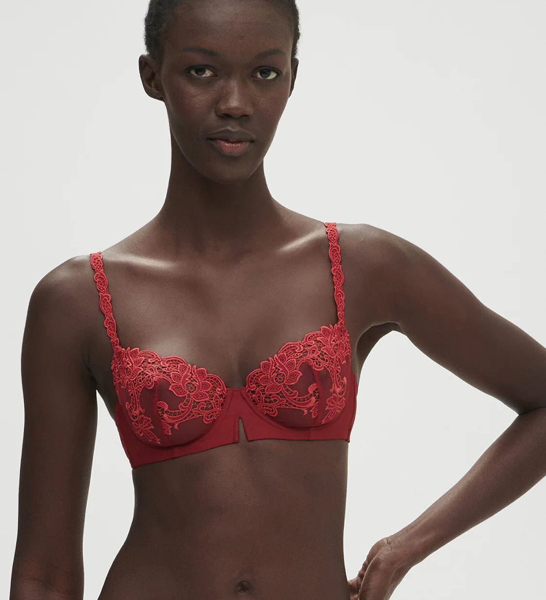 Front view of Saga Half Cup Bra Lipstick from The Foundation, showing vibrant lipstick red colour and detailed guipure lace