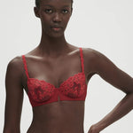 Front view of Saga Half Cup Bra Lipstick from The Foundation, showing vibrant lipstick red colour and detailed guipure lace