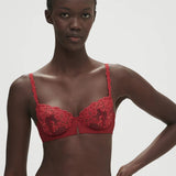 Front view of Saga Half Cup Bra Lipstick from The Foundation, showing vibrant lipstick red colour and detailed guipure lace