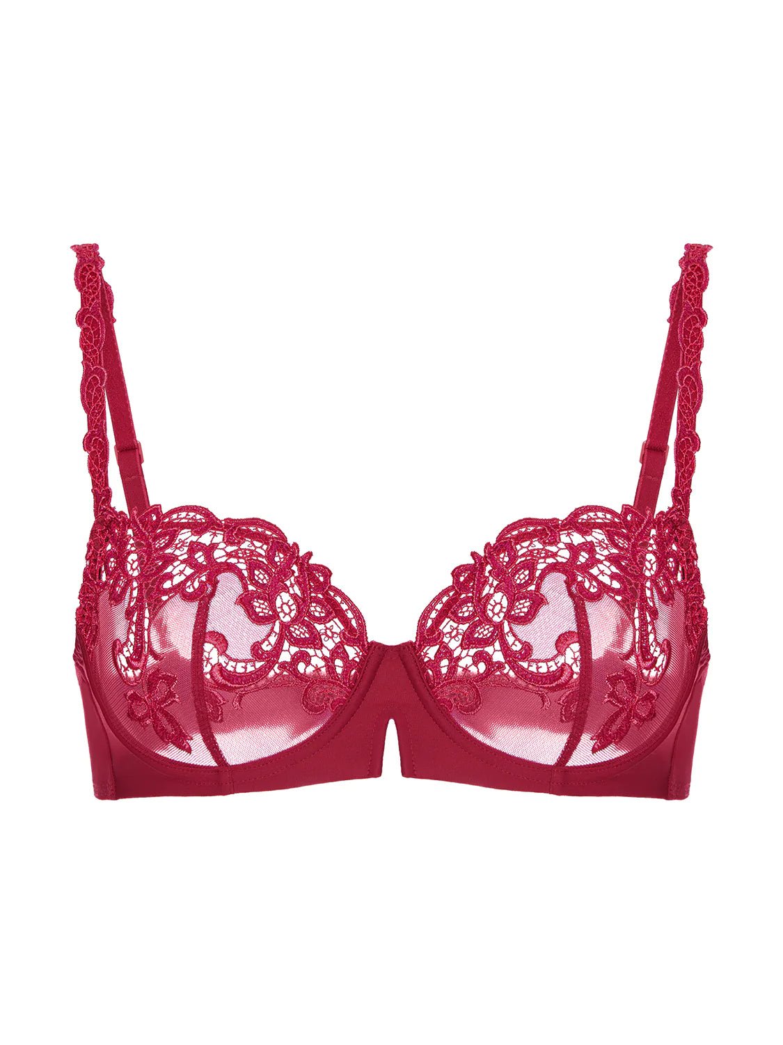 Saga Half Cup Bra Lipstick from The Foundation displayed flat, highlighting demi cup shape and beautiful embroidered details
