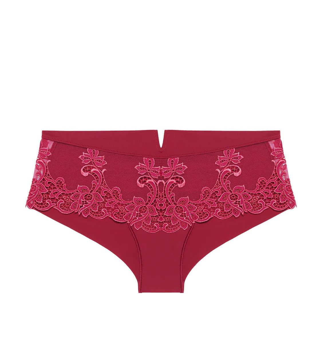 Saga Shorty Brief Lipstick by Simone Perele from The Foundation displayed flat, highlighting sheer tulle front and seamless microfibre back