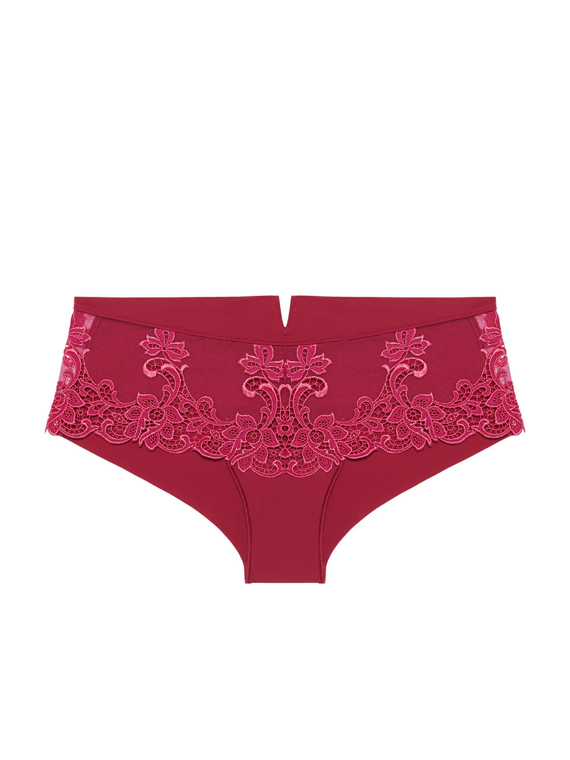 Saga Shorty Brief Lipstick by Simone Perele from The Foundation displayed flat, highlighting sheer tulle front and seamless microfibre back