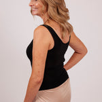 Back-angle view of black modal tank top by EGI, showing shoulder strap style and back fit.